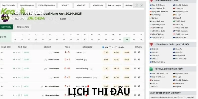 Trang web mang đến lịch thi đấu của tất cả giải thể thao
